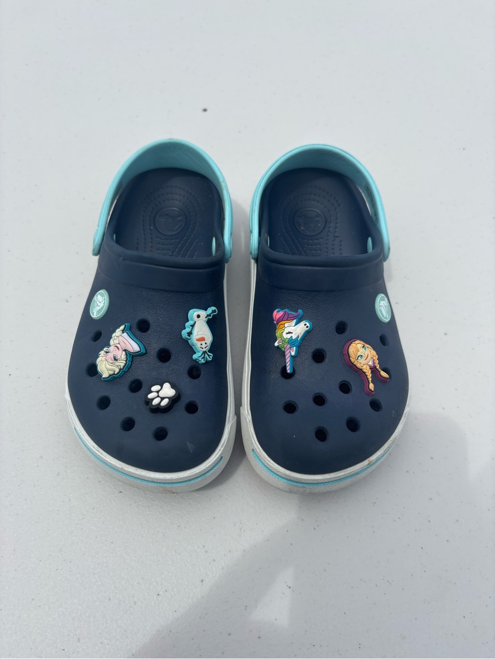 Kids Navy and Light Blue Crocs with Character Jibbitz